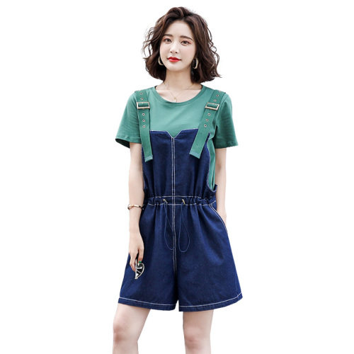 洋气短袖背带裤套装女2022夏季新款女装韩版时尚休闲百搭两件套裤,女装套装/套裙,慧尚依恋