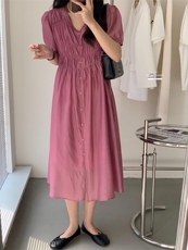 XILYDIA韩系气质树莓红压褶泡泡袖收腰连衣裙夏季短袖，女装连衣裙，香丽迪1