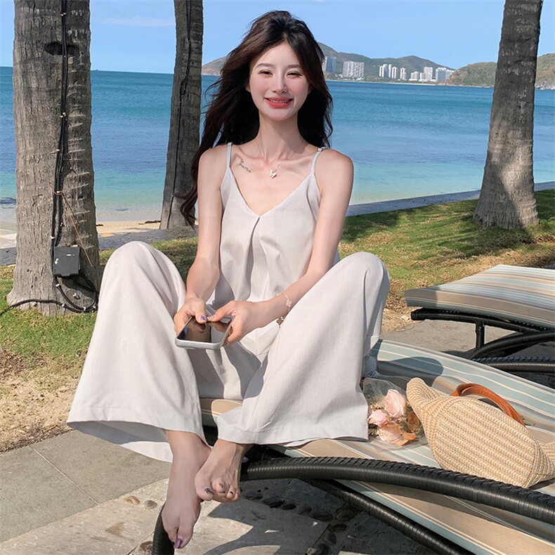 气质女神范蕾丝拼接露背吊带上衣阔腿裤套装两件套女夏法式温柔风,女装套装/套裙,纯色衣恋