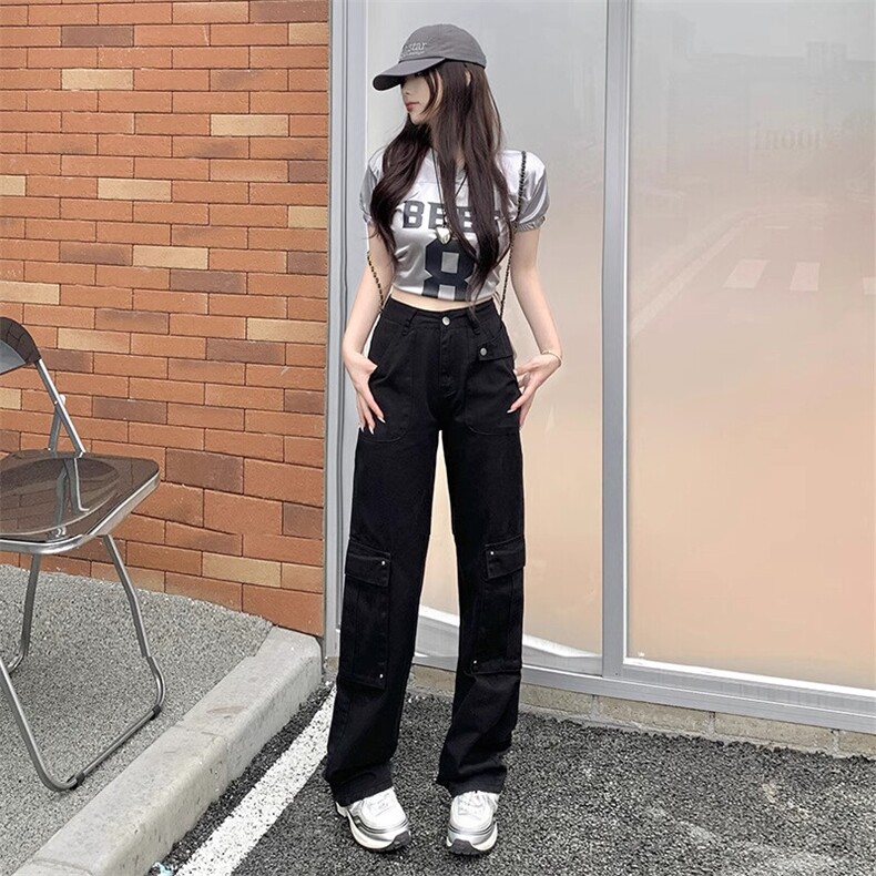 黑灰色宽松复古直筒牛仔裤女休闲女装显瘦美式高腰裤小个子秋阔腿,男装牛仔裤,星座506A