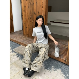 复古沙漠迷彩多口袋弯刀工装裤廓形阔腿伞兵牛仔裤K8310-P56网图图片