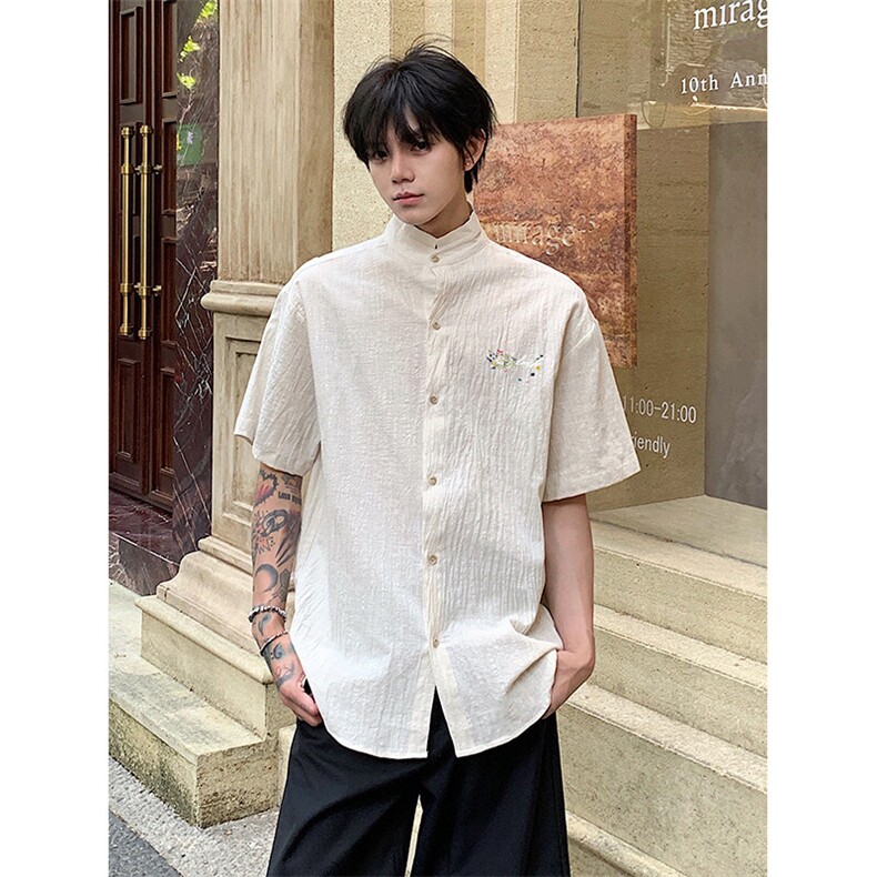 新中式印花短袖衬衫男5XT3033-TP3558夏季肌理感小立领衬衣,男装衬衫,电商A102