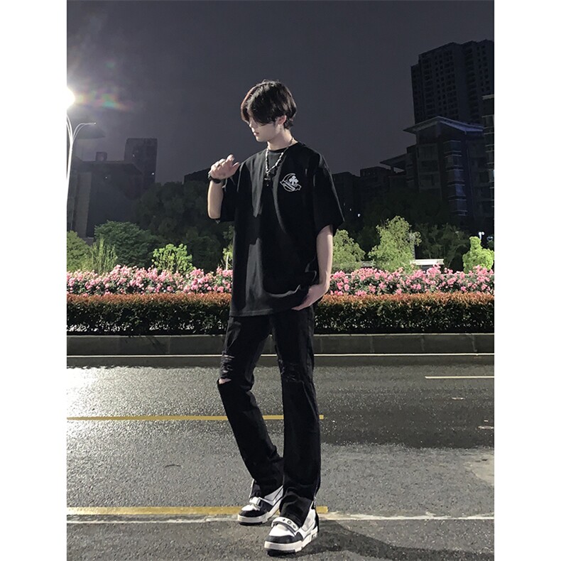 B221美式ins高街暗黑拉链小脚弹力破洞牛仔裤LK23060-P65控88,男装牛仔裤,电商B221