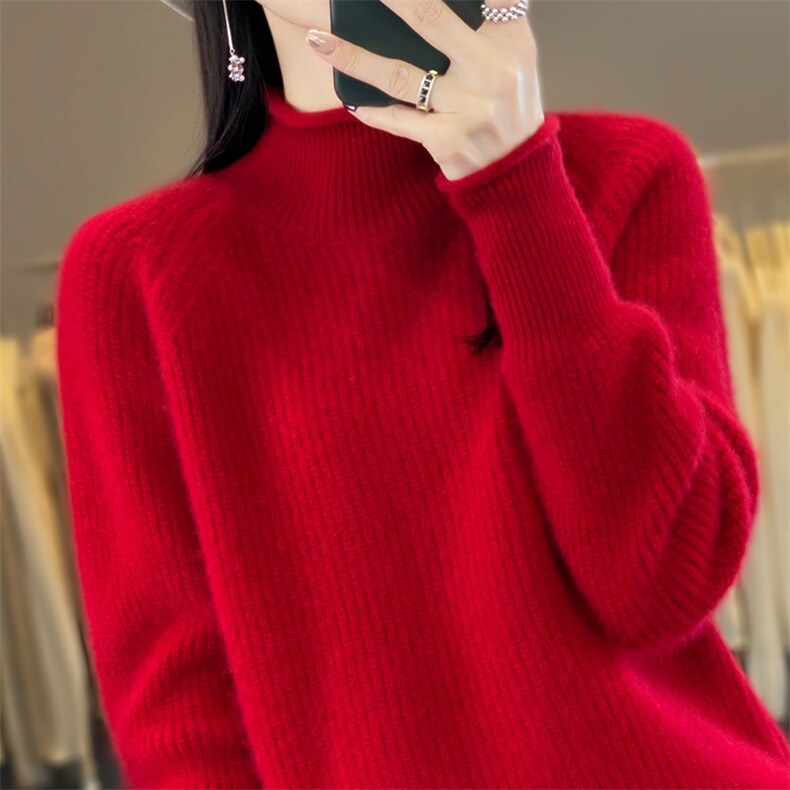 秋冬半高领100%纯羊毛衫女卷边加厚长袖毛衣宽松羊绒针织打底上衣,女装羊毛衫,九嘉羊绒