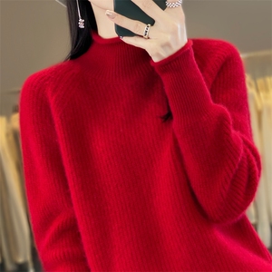 秋冬半高领100%纯羊毛衫女卷边加厚长袖毛衣宽松羊绒针织打底上衣图片
