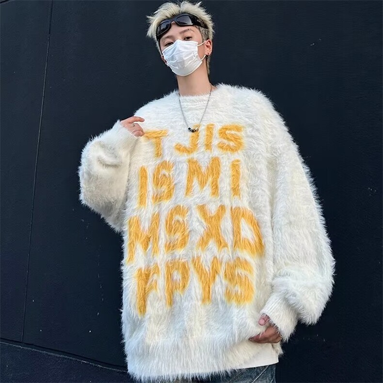 美式潮字母水貂毛慵懒风毛衣秋冬宽松情侣针织衫外套V04P53网图,男装针织衫/毛衣,电商B245