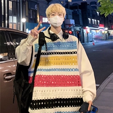 24夏季复镂空花条纹针织衫背心无袖休闲宽松上衣-A036，男装背心/马甲，星座1002-2