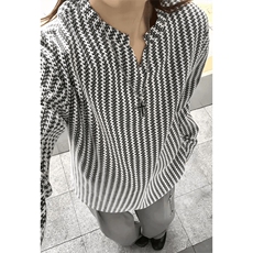 美式高街千鸟格子长袖T恤男女亨利V领英伦雅痞休闲宽松长袖打底衫，男装T恤，电商A443