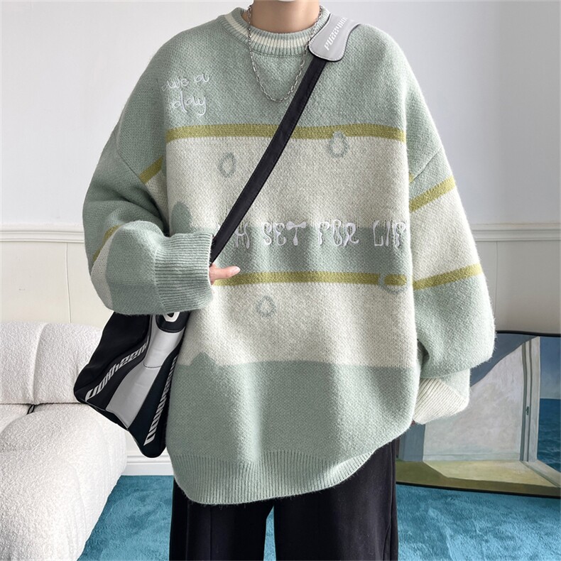 M8161/P65冬季美式时尚撞色条纹圆领?袖毛衣宽松休闲男女bf，男装针织衫/毛衣，电商A141