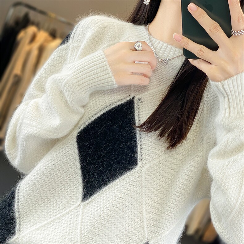 菱形拼色针织衫女圆领宽松套头打底毛衣秋冬针织羊毛衫,女装羊毛衫,犀桦羊绒