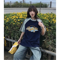 抖音得物品质二开240克宽松纯棉美式潮牌插肩三杠织带短袖T恤，男装T恤，电商A486