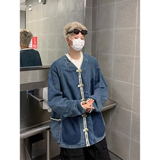 水洗盘扣设计无领夹克牛仔外套HJ7005P75，男装工装外套，星座1116-2