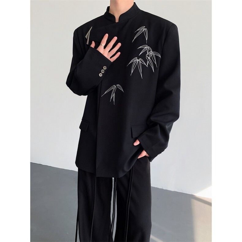25新中式秋冬男士设计感刺绣竹叶金属扣中山装西服外套XZ185-P128,男装西服,电商B288