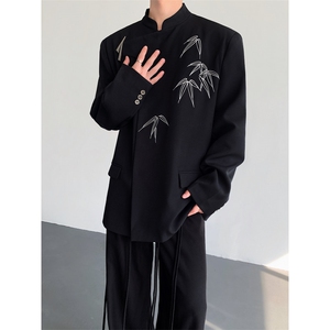 25新中式秋冬男士设计感刺绣竹叶金属扣中山装西服外套XZ185-P128
