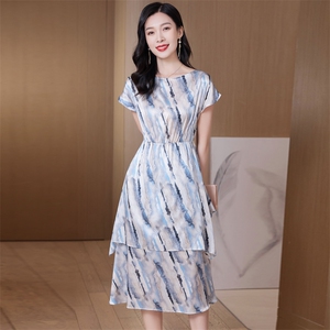 法式茶歇水墨晕染连衣裙女2025夏季轻薄天丝度假连衣裙图片