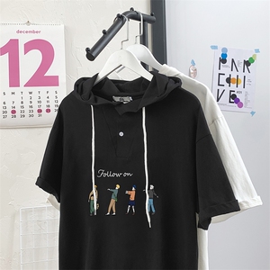 LD54043-P45 连帽短袖t恤男大码胖子带帽五分袖中袖图片