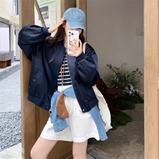 韩系学院风棒球服外套女2025秋季新款洋气宽松休闲短款藏青色夹克，女装短外套，2C258