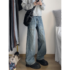拼接牛仔裤男时尚直筒阔腿休闲百搭情侣秋冬长裤XZ212-QN8097-P50图片