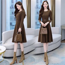 2021冬季新款时尚气质有女人味的拉毛呢料连衣裙，女装连衣裙，魅丽静蓝