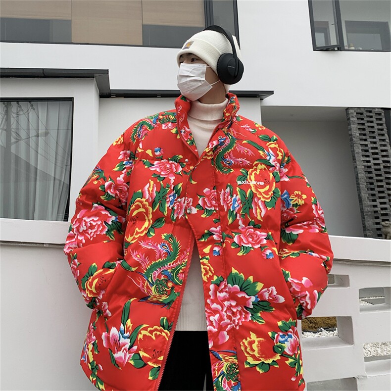 东北大花棉袄宽松青春网红面包服外套农村喜庆立领棉衣,男装棉衣,星座907