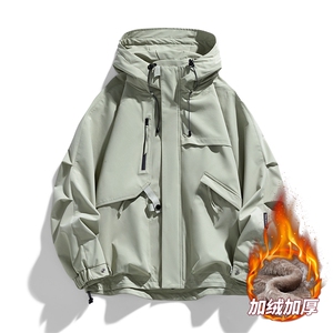 AJ136-P98 冬季加绒加厚连帽冲锋衣防风防水插色拼接棉衣外套图片