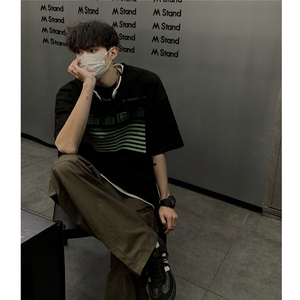 港风条纹印花大码短袖T恤男DT77773P18块特价控38：供抖音视频图片