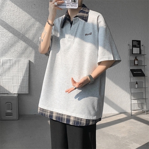 T10110-特批35 夏季撞色拼接假两件高级感衬衫领男大码短袖T恤图片