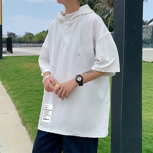 LD54045-P45 连帽短袖t恤男大码胖子带帽五分袖中袖图片