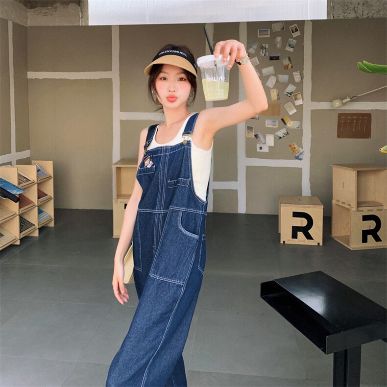 夏季新款宽松休闲显瘦直筒牛仔裤减龄百搭背带裤女B190-P115-K178，女装连体裤，一九零