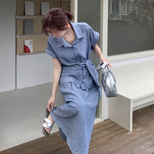韩系休闲蓝色衬衫半身裙套装女夏2025新款两件套减龄时尚洋气显瘦图片