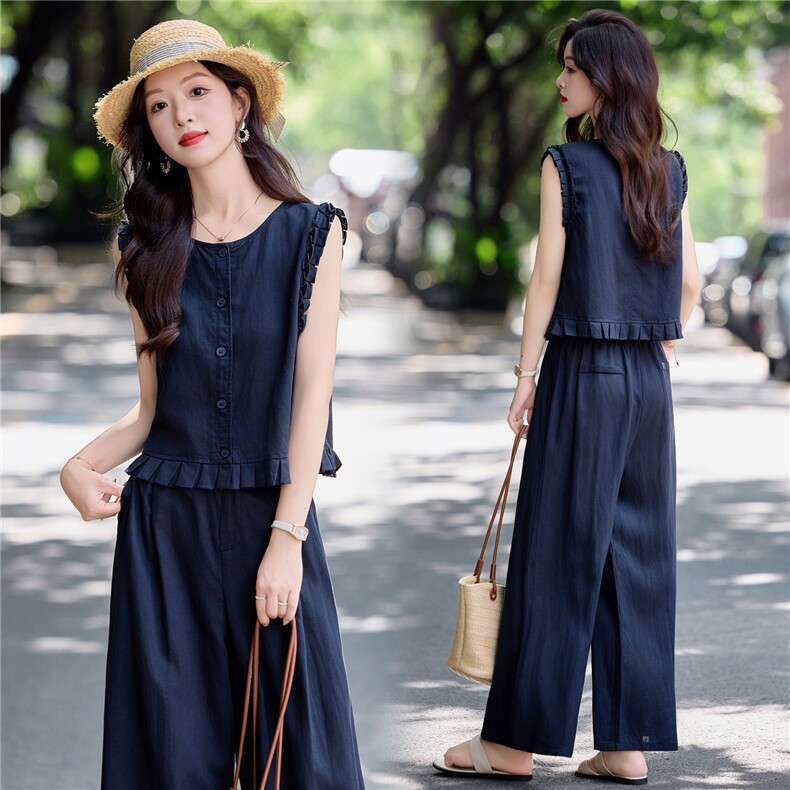 2026新款天丝亚麻短袖藏青色衬衫直筒休闲裤两件套洋气时尚女套装，女装衬衫，梦懿尔