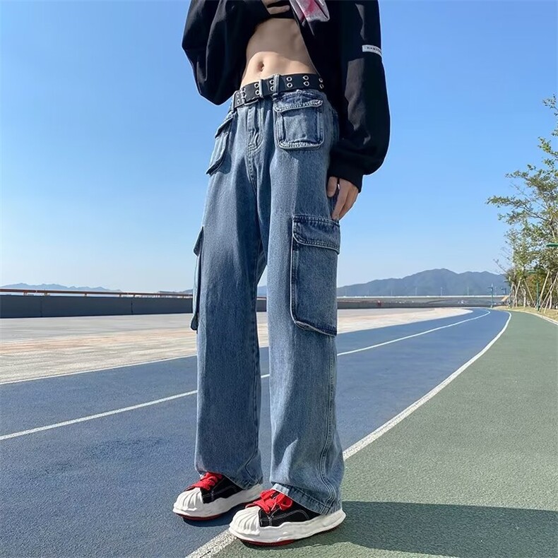 美式复古设计感口袋牛仔裤高街小众直筒阔腿工装裤XK8013P50,男装牛仔裤,星座1116-2