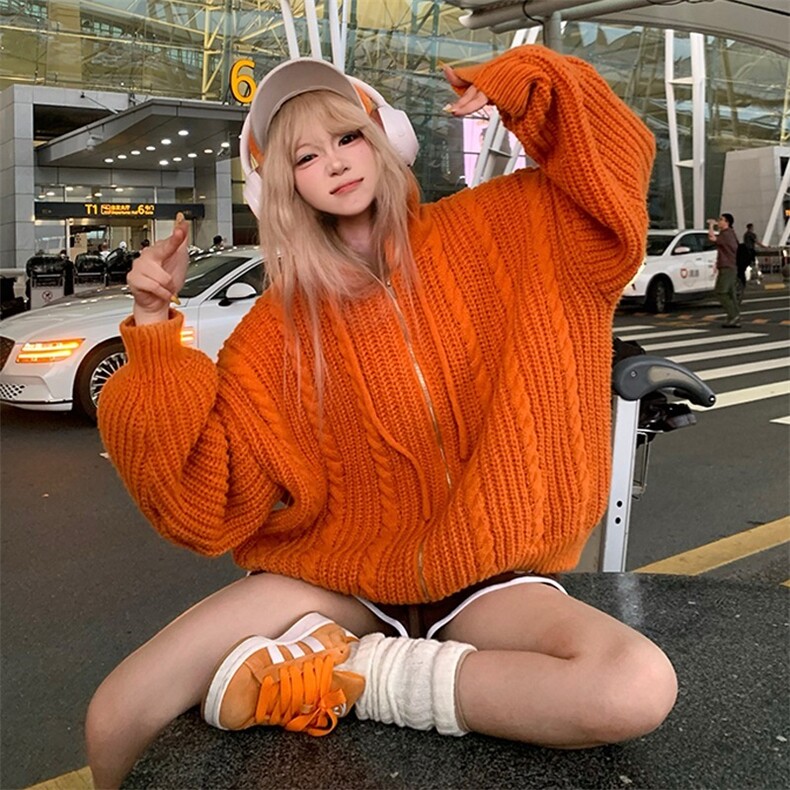 美式慵懒风多巴胺配色连帽毛衣男女入秋重磅三针麻花开衫针织毛衫，男装针织衫/毛衣，星座302B-2