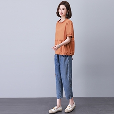 时尚宽松显瘦短袖上衣+高腰牛仔裤套装夏季休闲百搭两件套，女装套装/套裙，悦见她