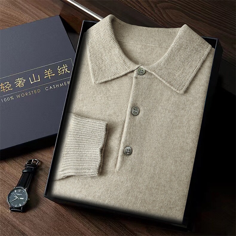 男士秋冬季新款简约休闲POLO3扣衬衫35%羊绒衫长袖，男装羊绒套衫，台绒羊绒
