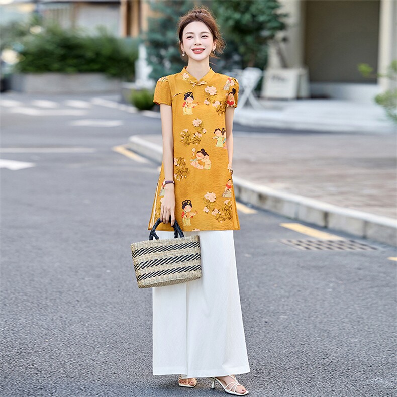 四季青2025夏季新款国风盘扣印花短袖衬衫时尚阔腿长裤女潮,女装连衣裙,衣之秀