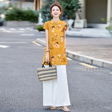 四季青2025夏季新款国风盘扣印花短袖衬衫时尚阔腿长裤女潮，女装连衣裙，衣之秀