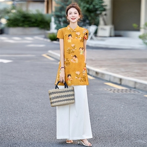 四季青2025夏季新款国风盘扣印花短袖衬衫时尚阔腿长裤女潮图片