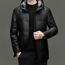 W0211冬季男士真皮羽绒服连帽中长款皮衣绵羊皮外套保暖大衣厚，男装皮衣，电商B360
