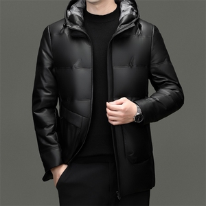 W0211冬季男士真皮羽绒服连帽中长款皮衣绵羊皮外套保暖大衣厚图片