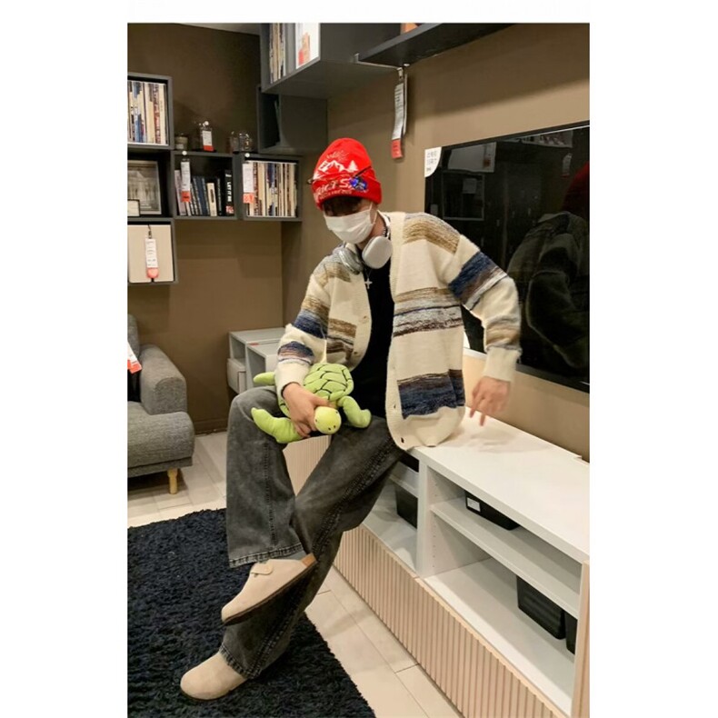 2025年新款潮牌秋冬季美式宽松油画彩虹色渐变开衫毛衣,男装针织衫/毛衣,四季星座505