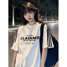 抖音得物高品质二开240克宽松纯棉美式潮牌三条杠织带短袖T恤，男装T恤，电商A486-1