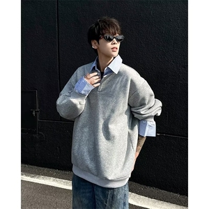 假两件撞色拼接卫衣长袖男装潮流宽松衬衫领套头男女上衣Y6624图片