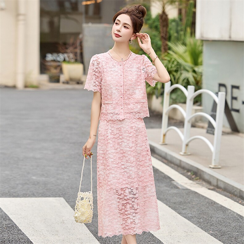 2026夏季新款法式高级感穿搭粉色蕾丝套装裙女时髦气质显瘦两件套,女装套装/套裙,美沁