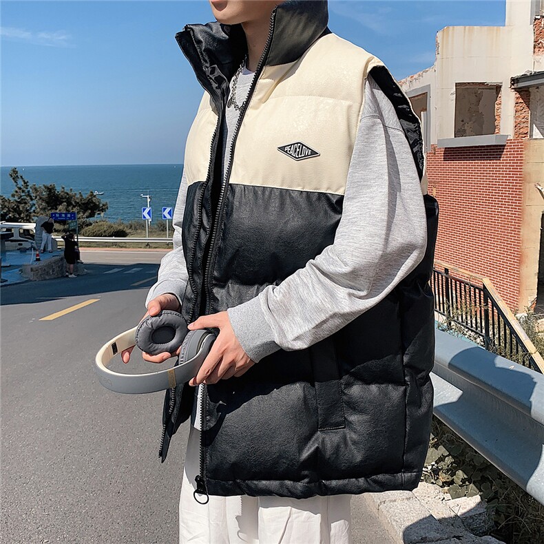 2026秋冬装羽绒棉马甲男加厚拼色立领PU皮坎肩MJ17588/P85杏色2，女装马甲，电商A094