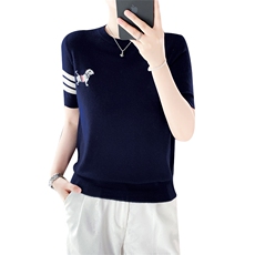 2025春夏新圆领套头小狗图案短袖女精纺羊毛软糯亲肤透气百搭T恤，女装T恤，德尔信羊绒