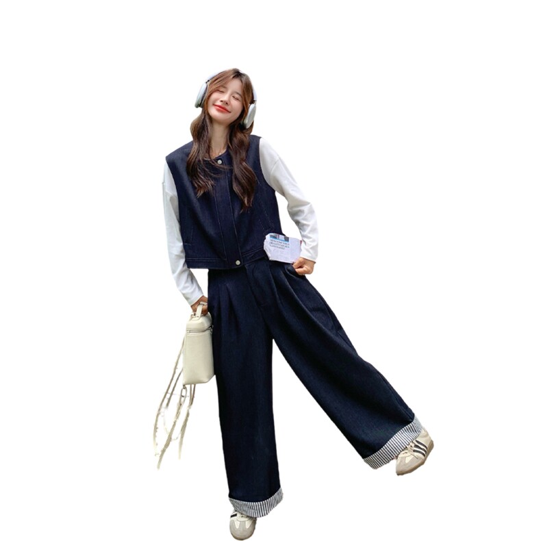 韩系松弛感套装女2025年秋季新款复古设计感马甲休闲阔腿裤两件套,女装运动套装,浙宝285（原212）