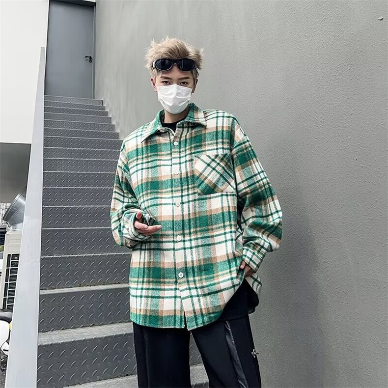 男士衬衫潮流港风宽松痞帅外套春季休闲长袖格子衬衣服C2666-p40,男装衬衫,星座1008-2