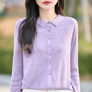 POLO领精纺羊毛开衫女春秋款纯色长袖针织毛衣高级感宽松外套上衣图片