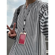 美式高街千鸟格子长袖T恤男女亨利V领英伦雅痞休闲宽松长袖打底衫，男装T恤，电商A443